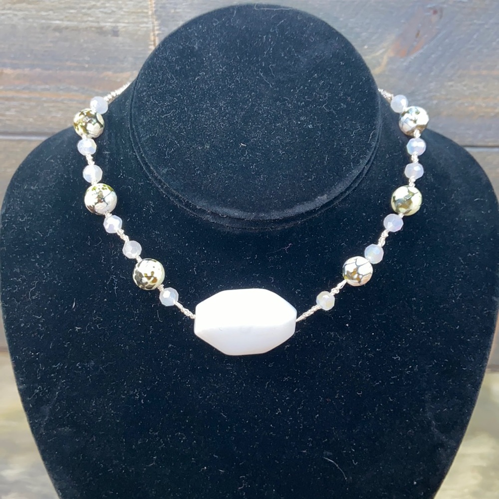White jade and crystal handmade necklace